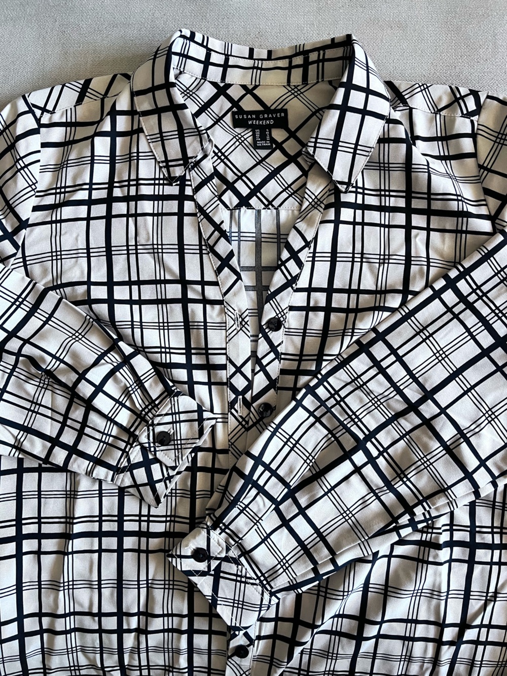 Susan Graver WEEKEND Black & Beige Windowpane Button-Down Shirt